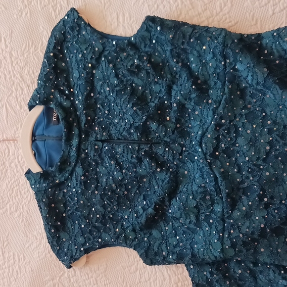 🍸Gorgeous Teal Lace & Sequin Cocktail Sheath Dress Size 4 - Picture 9 of 9